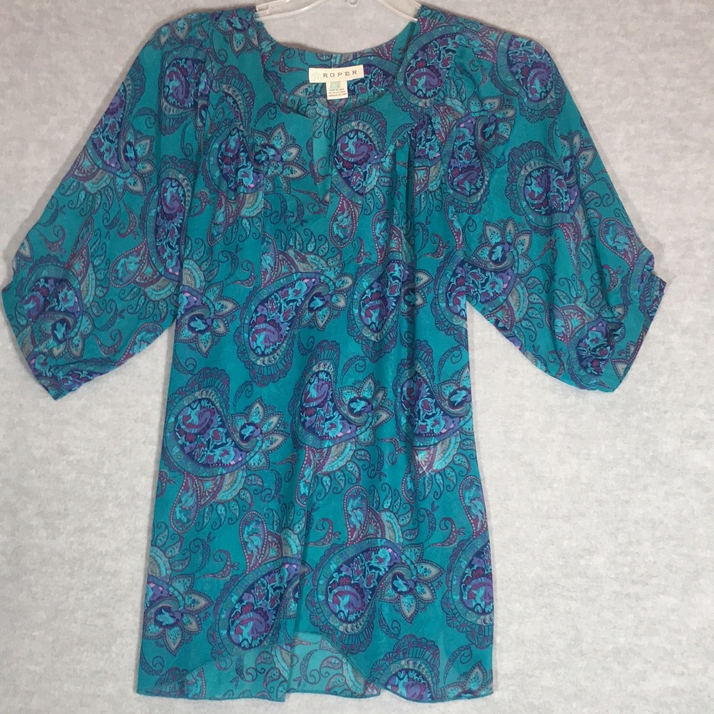 ROPER Boho Bohemian Sheer Paisley Print Puff Sleeve Placket V Neck Scallop Front